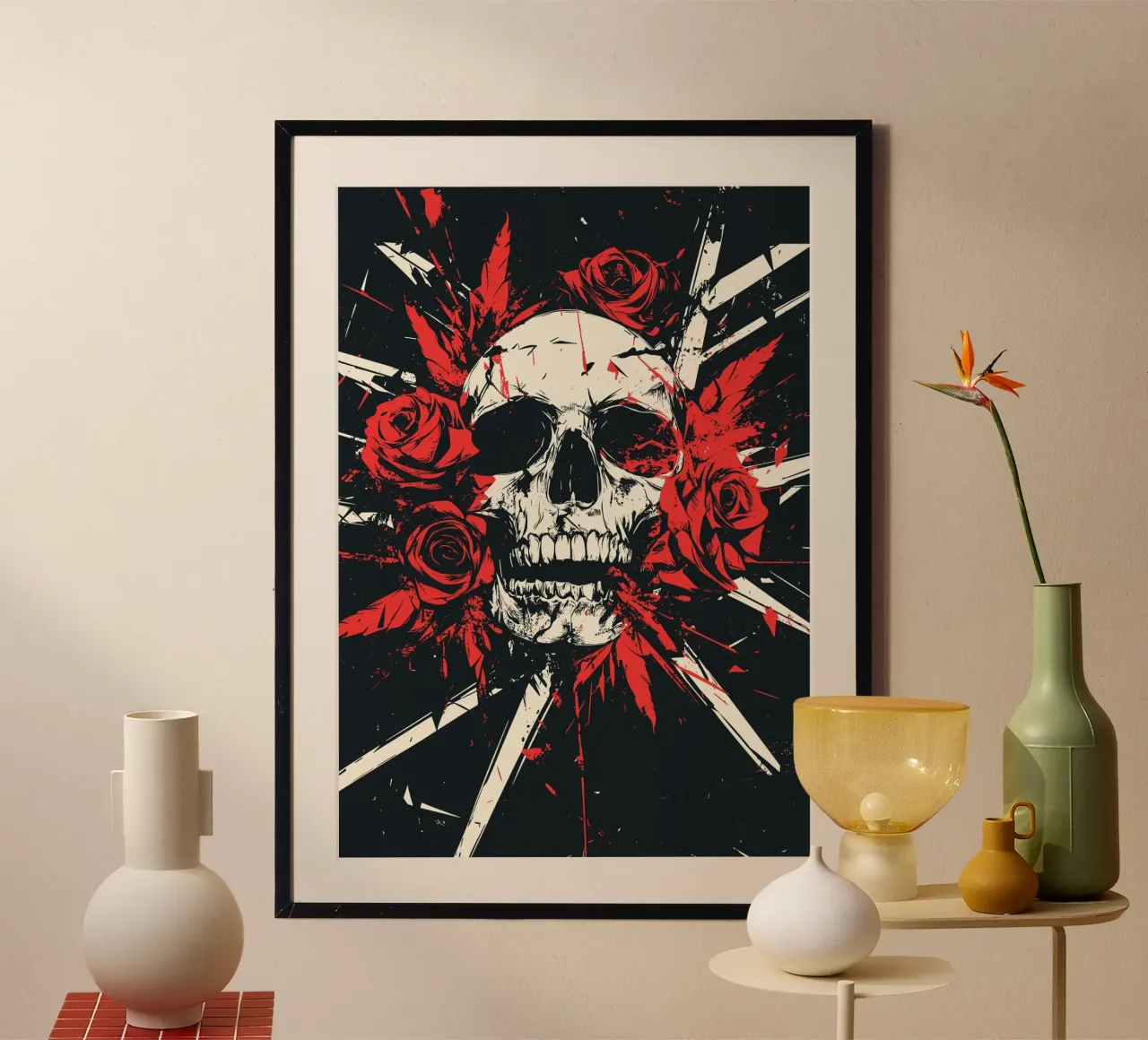 Calavera con rosas y plumas rojas poster de pixelbull - medieval art and more
