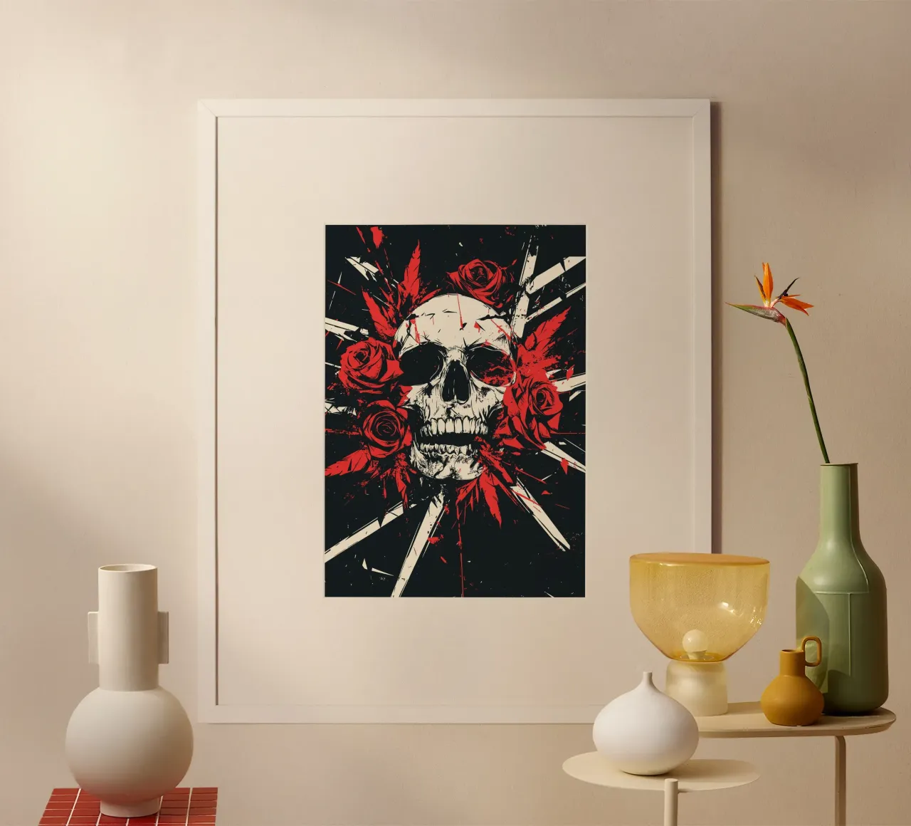 Calavera con rosas y plumas rojas poster de pixelbull - medieval art and more
