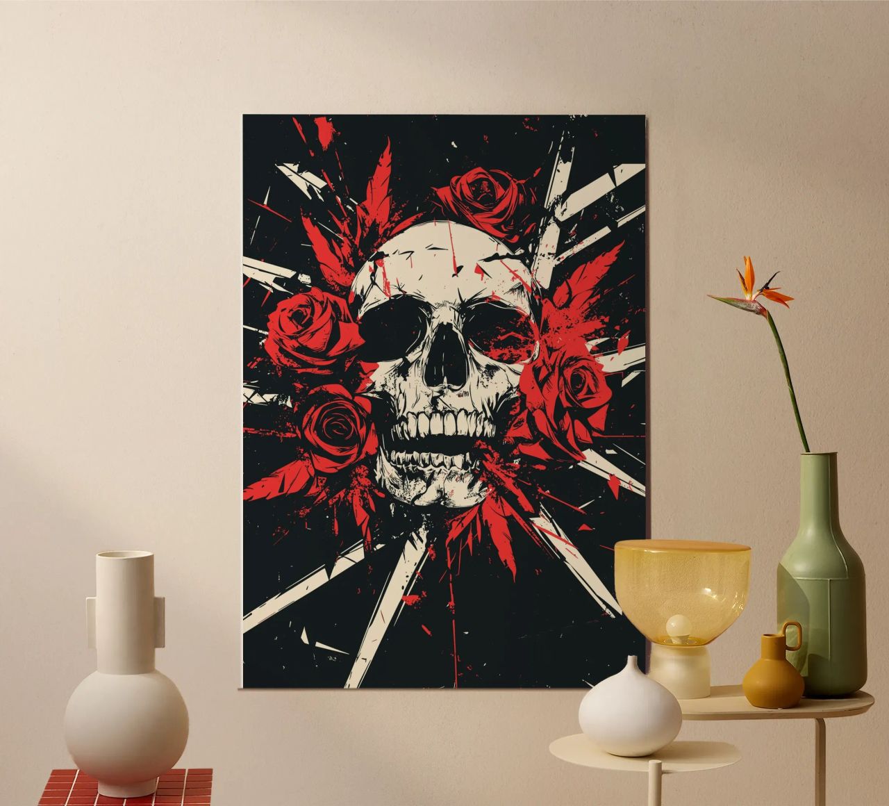 Skull with roses and red feathers poster by pixelbull - medieval art and more