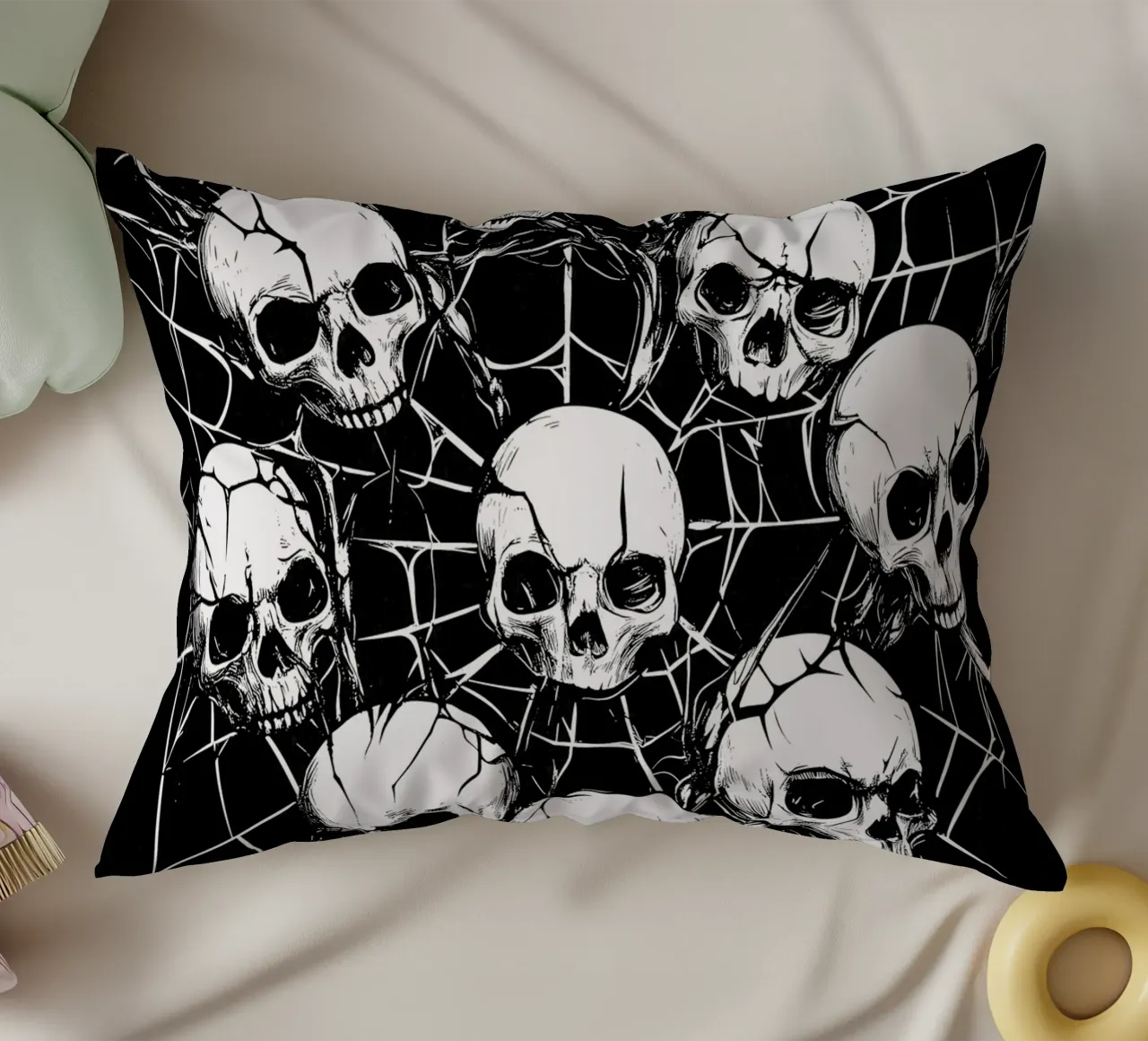 Cráneo en tela de araña y espinas cojín de pixelbull - medieval art and more