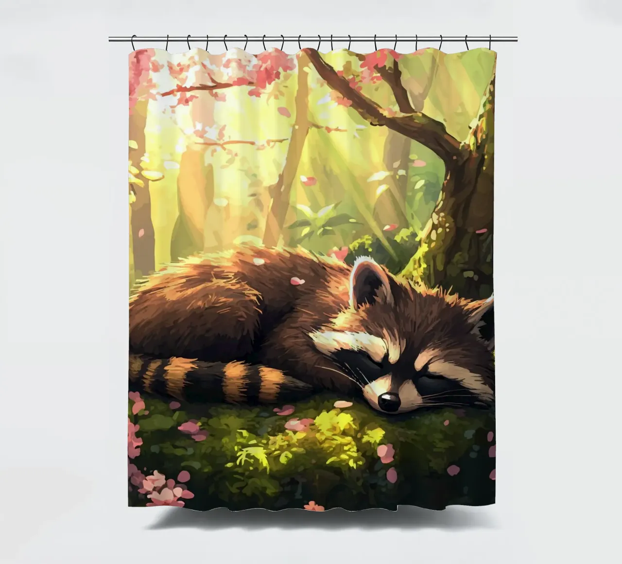 Il procione dorme sotto i fiori di ciliegio tenda da doccia da pixelbull - medieval art and more