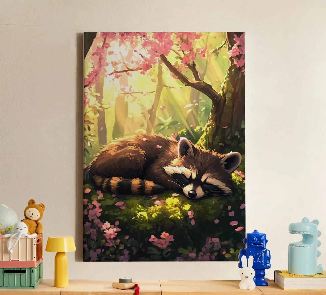Il procione dorme sotto i fiori di ciliegio tela con Cornice a cassetta da pixelbull - medieval art and more