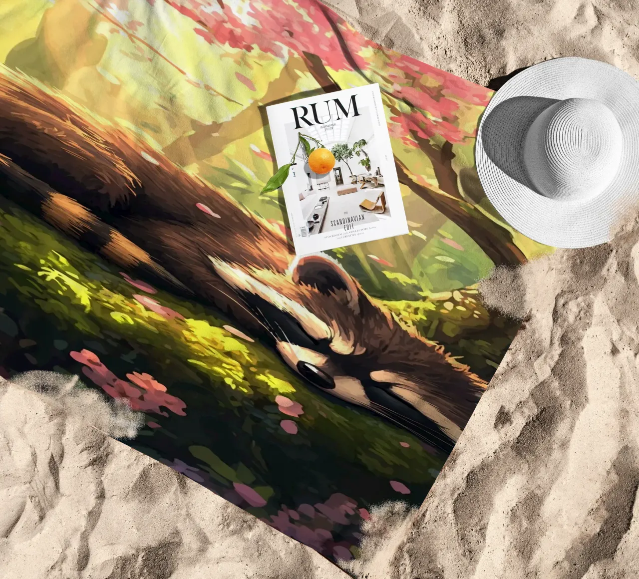 Il procione dorme sotto i fiori di ciliegio telo mare da pixelbull - medieval art and more