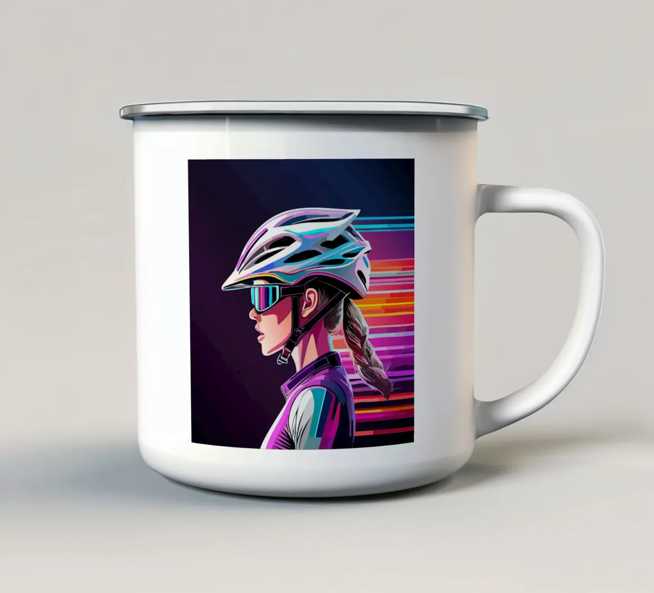 Starkes Rennrad Design – Stilvolle Radfahrerin in Action mug en émail de Radkunstwerk