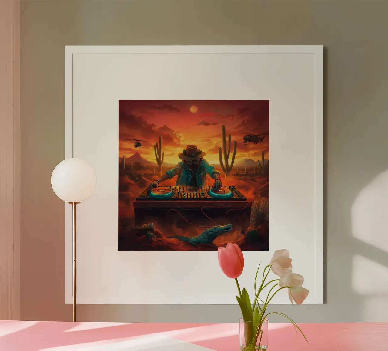 DJ in Desert poster con telaio in alluminio da Motivate-Today