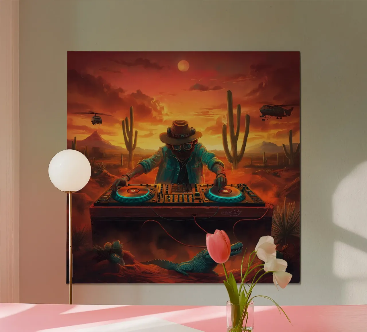 DJ in Desert poster con telaio in alluminio da Motivate-Today