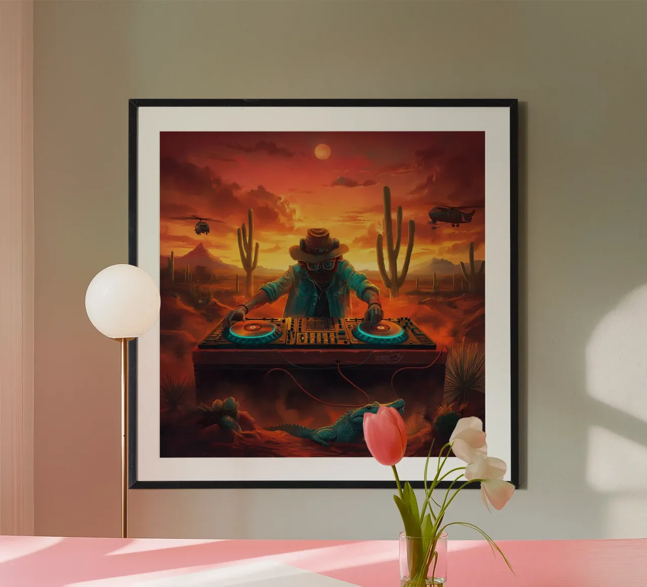 DJ in Desert poster con telaio in alluminio da Motivate-Today