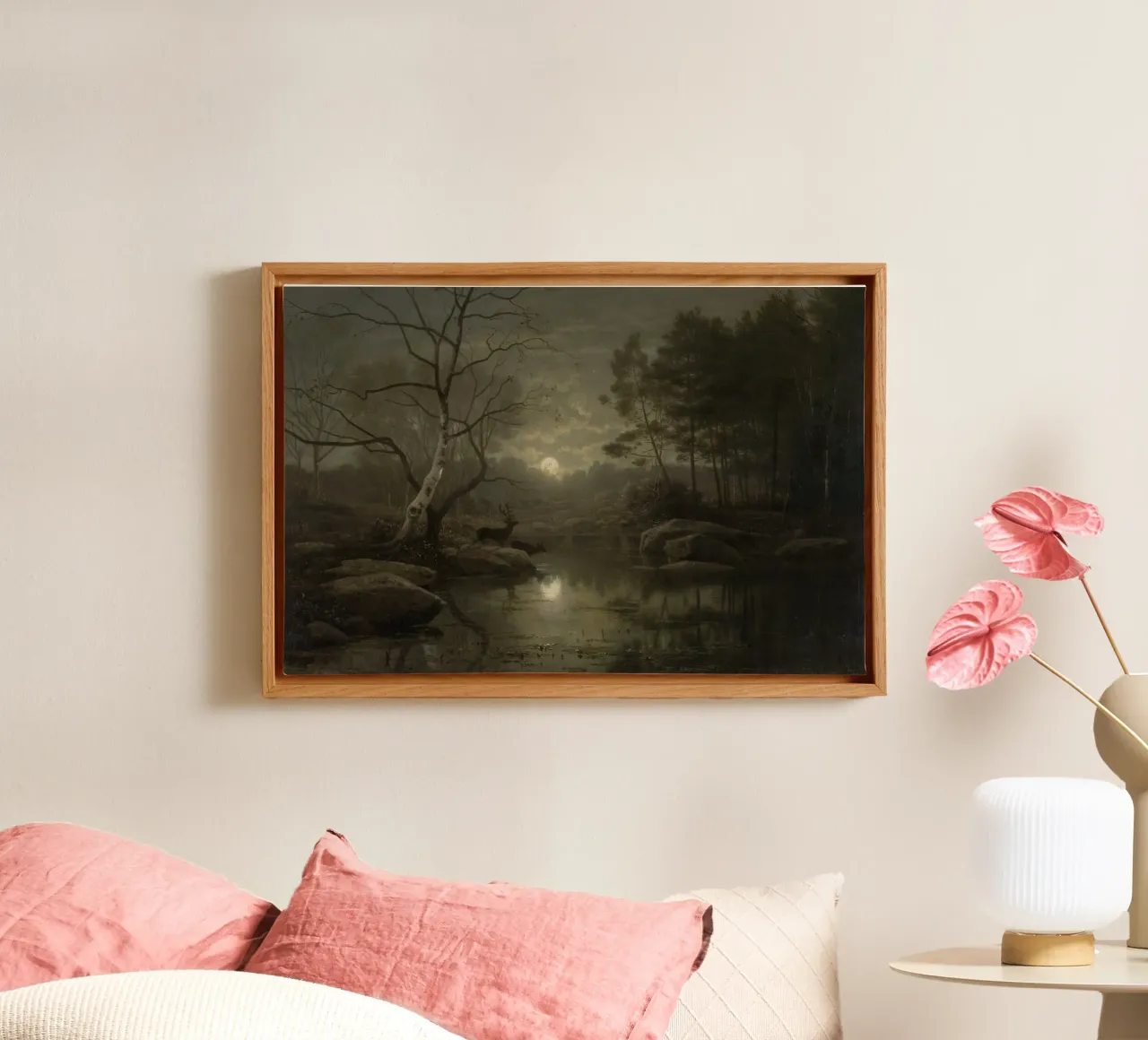 Georg Eduard Otto Saal - Paesaggio forestale al chiaro di luna tela con Cornice a cassetta da Wirla