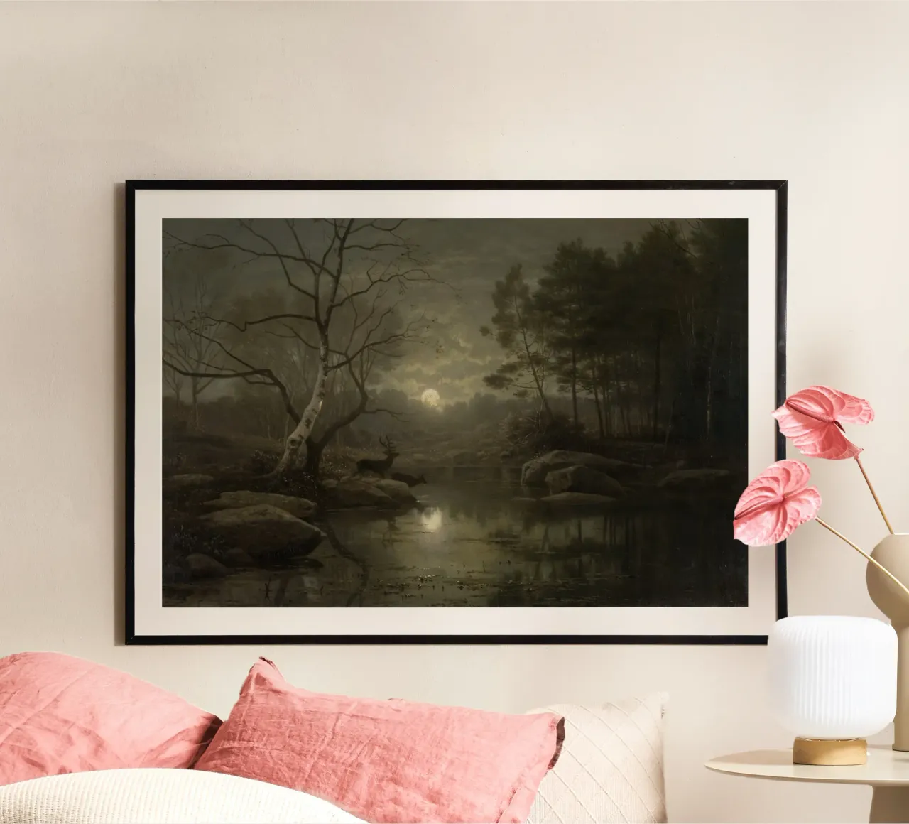 Georg Eduard Otto Saal - Paesaggio forestale al chiaro di luna poster con telaio in alluminio da Wirla