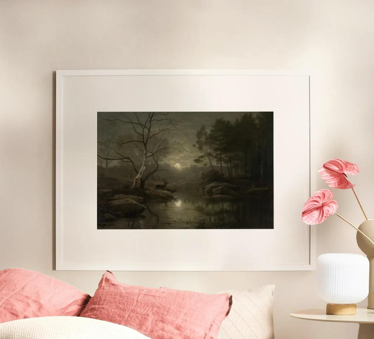 Georg Eduard Otto Saal - Paesaggio forestale al chiaro di luna poster con telaio in alluminio da Wirla