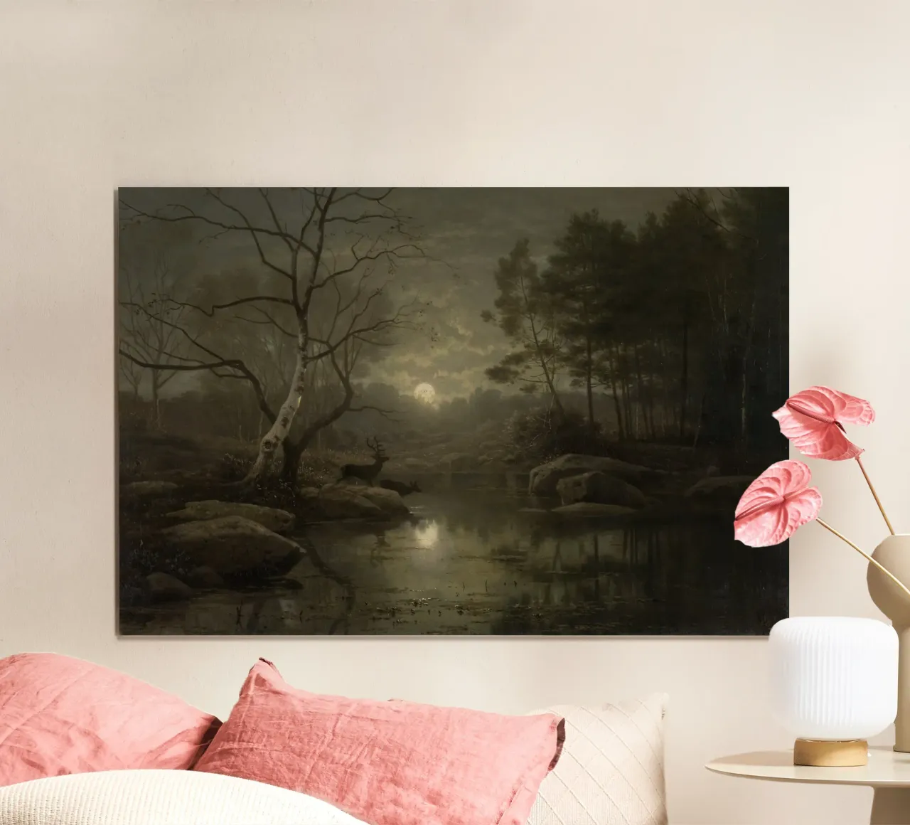 Georg Eduard Otto Saal - Paesaggio forestale al chiaro di luna poster con telaio in alluminio da Wirla