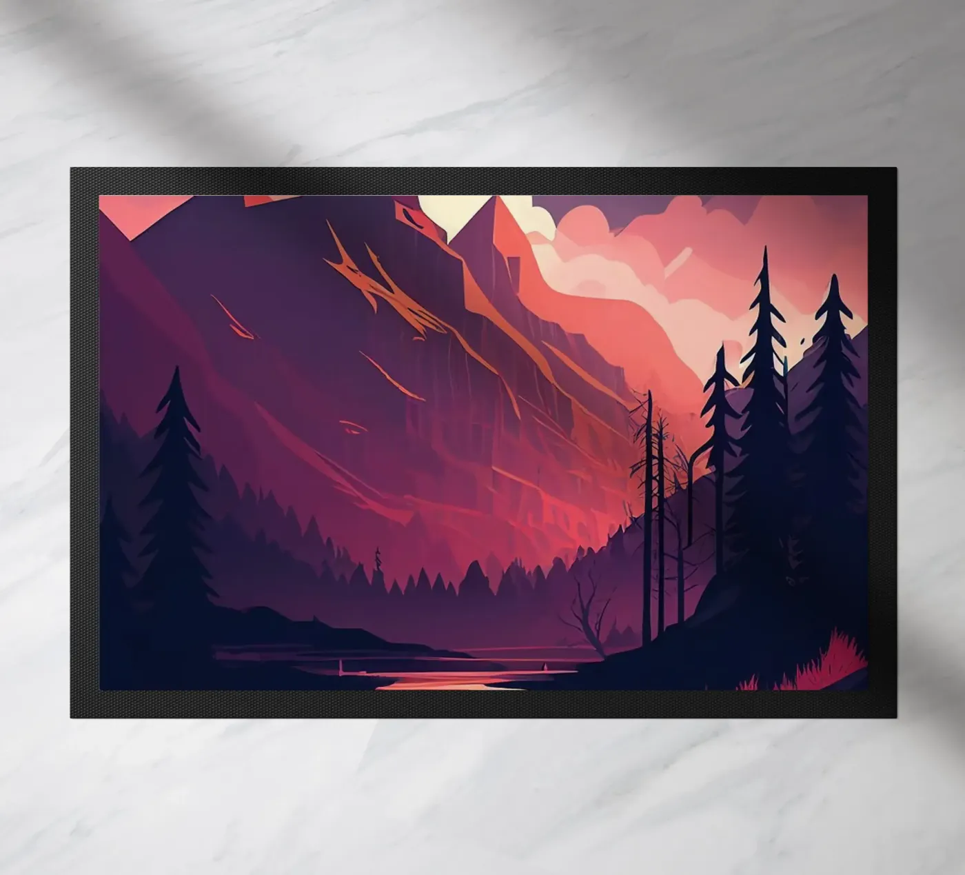 mountains sunset river pine trees clouds doormat by Kirsten C Nolan