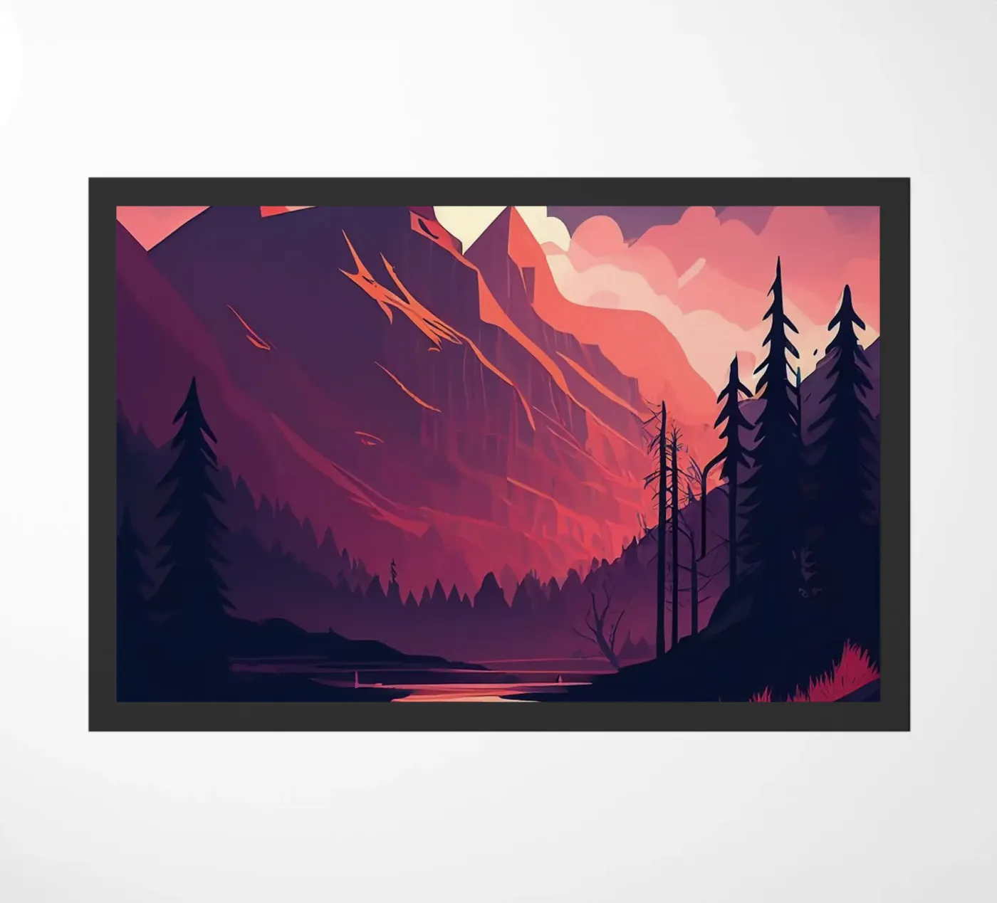 mountains sunset river pine trees clouds doormat by Kirsten C Nolan