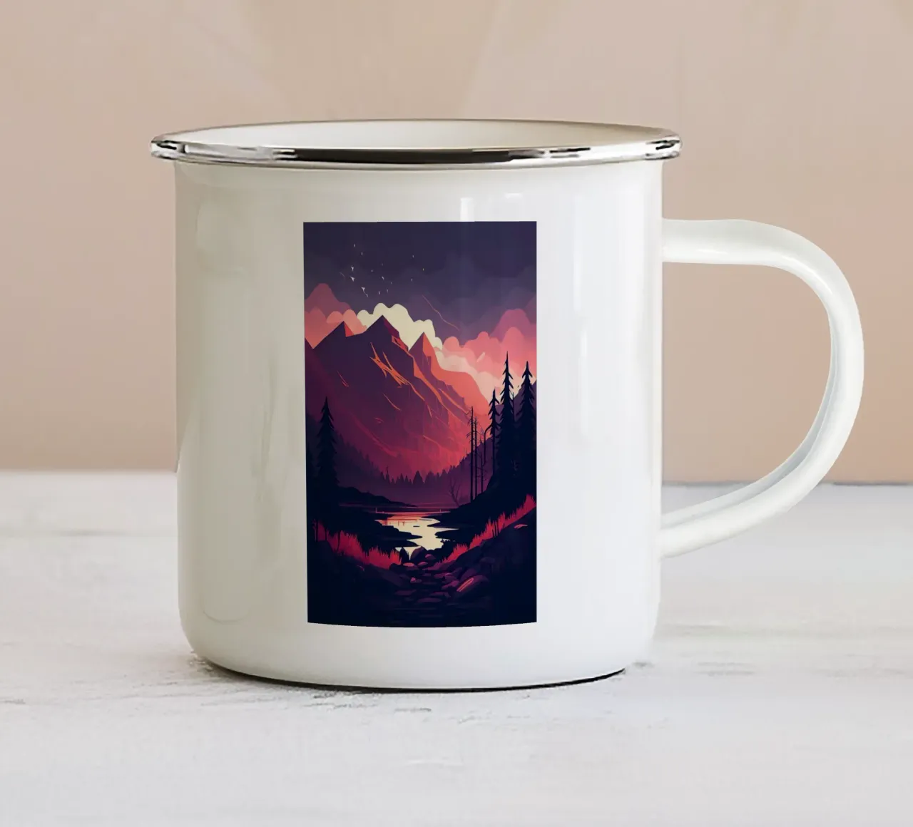 mountains sunset river pine trees clouds enamel mug by Kirsten C Nolan