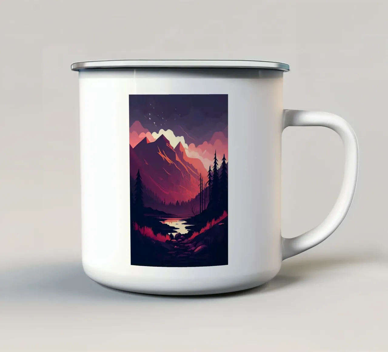 mountains sunset river pine trees clouds enamel mug by Kirsten C Nolan