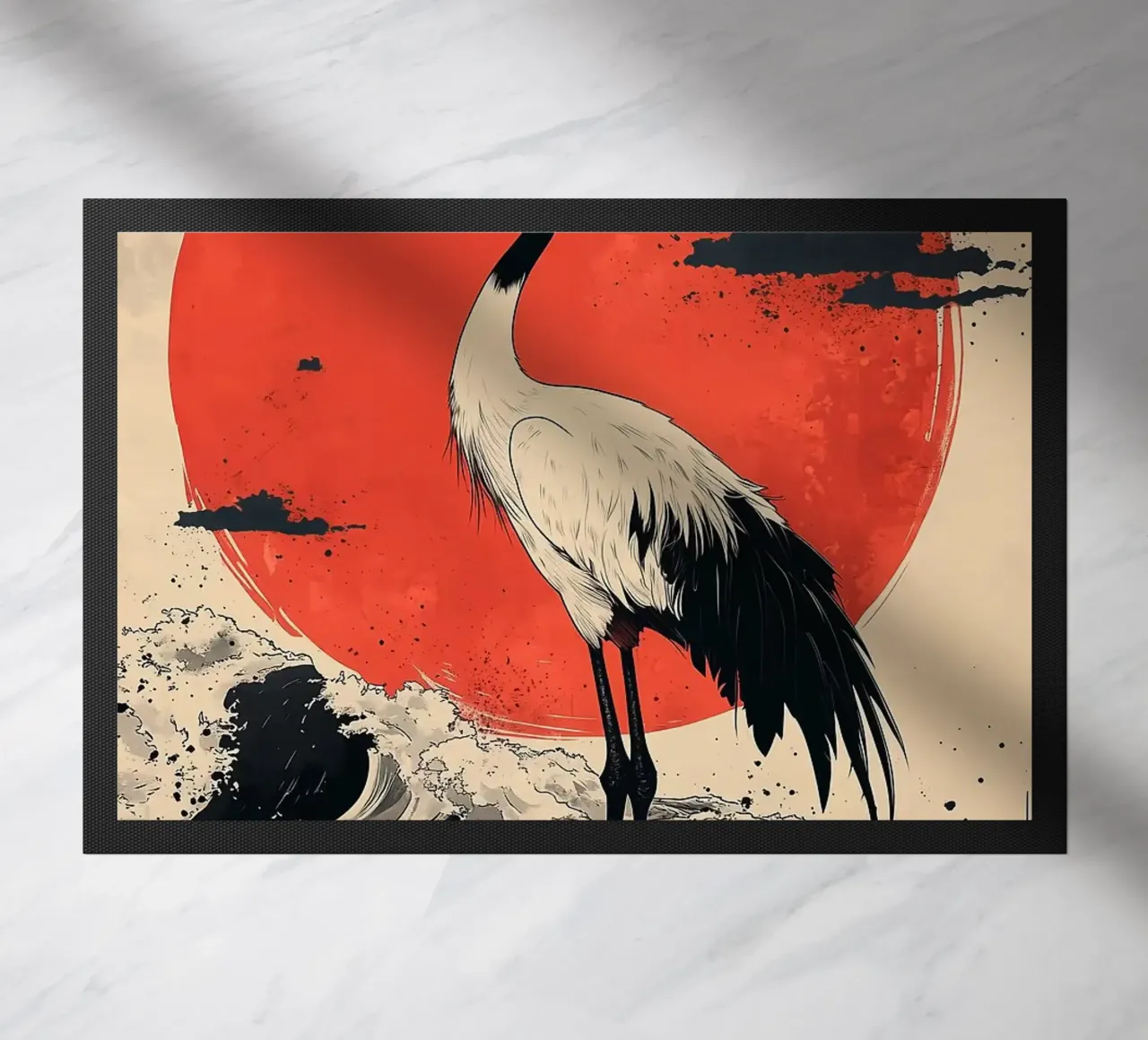 grulla gran sol rojo olas del océano salpicaduras de agua nubes felpudo de Kirsten C Nolan
