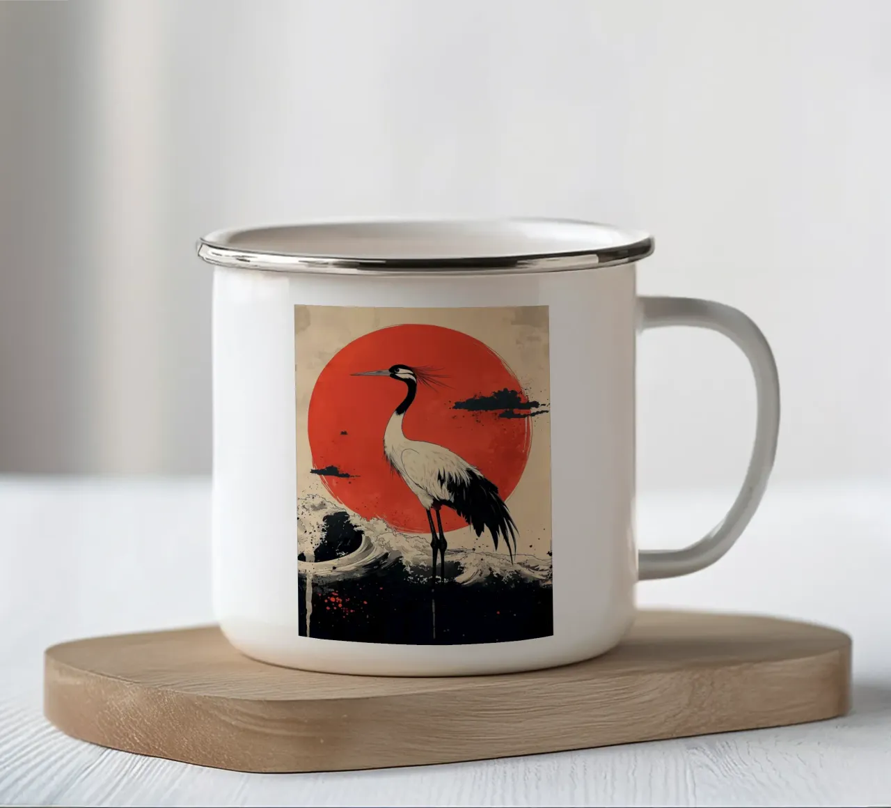 crane large red sun ocean waves splashing water clouds enamel mug by Kirsten C Nolan