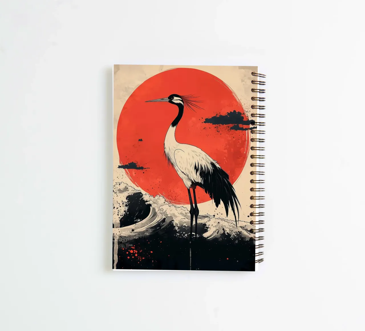 crane large red sun ocean waves splashing water clouds spiral notebook by Kirsten C Nolan