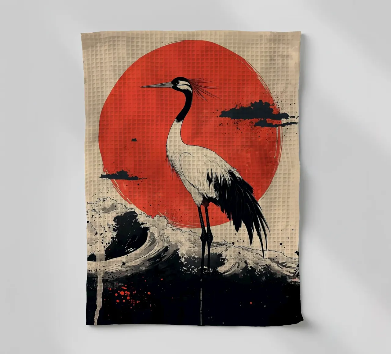 crane large red sun ocean waves splashing water clouds tea towel by Kirsten C Nolan