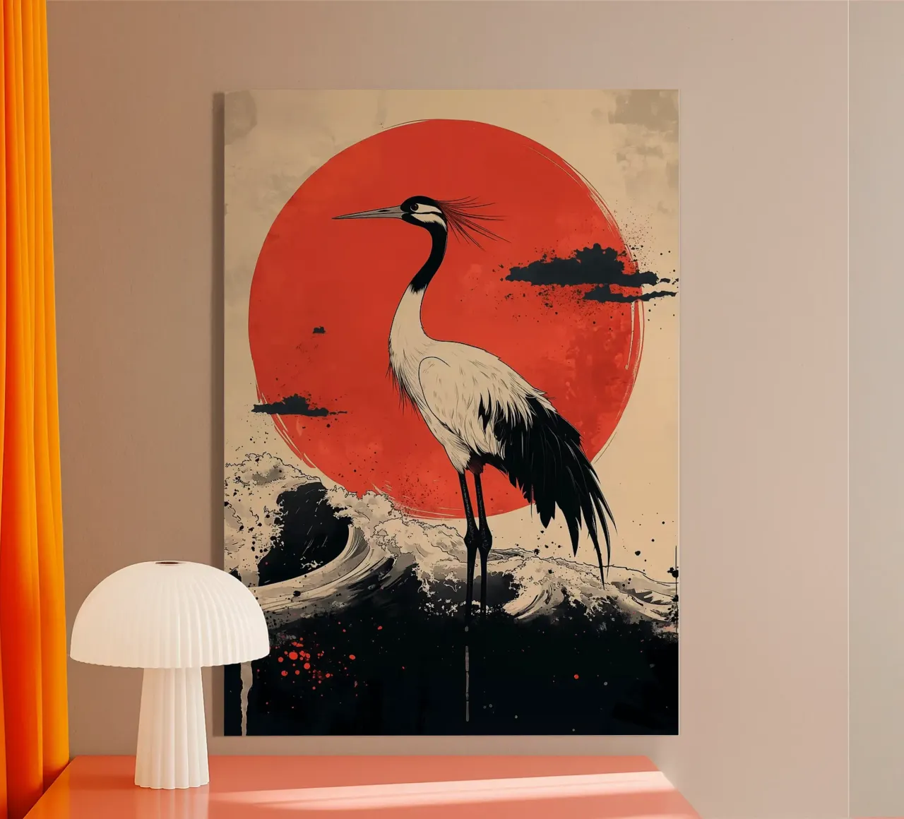 Kranich große rote Sonne Ozeanwellen plätscherndes Wasser Wolken Acryl-Glas von Kirsten C Nolan