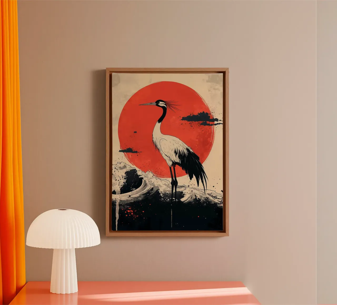 crane large red sun ocean waves splashing water clouds canvas by Kirsten C Nolan