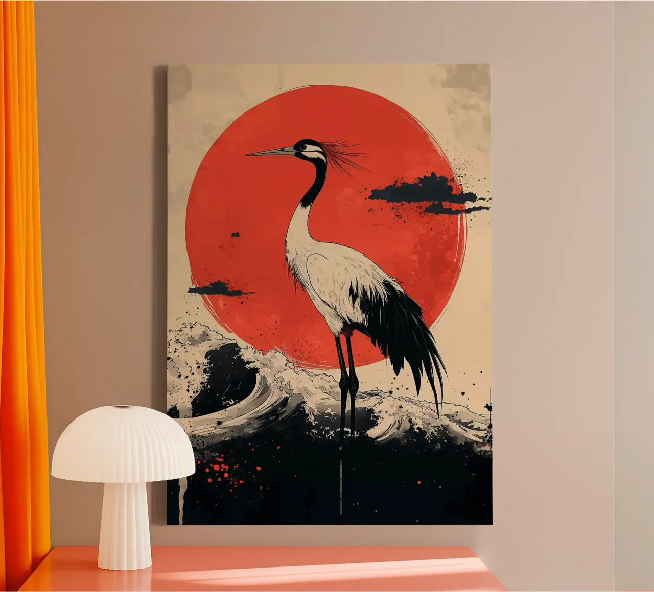 crane large red sun ocean waves splashing water clouds canvas by Kirsten C Nolan