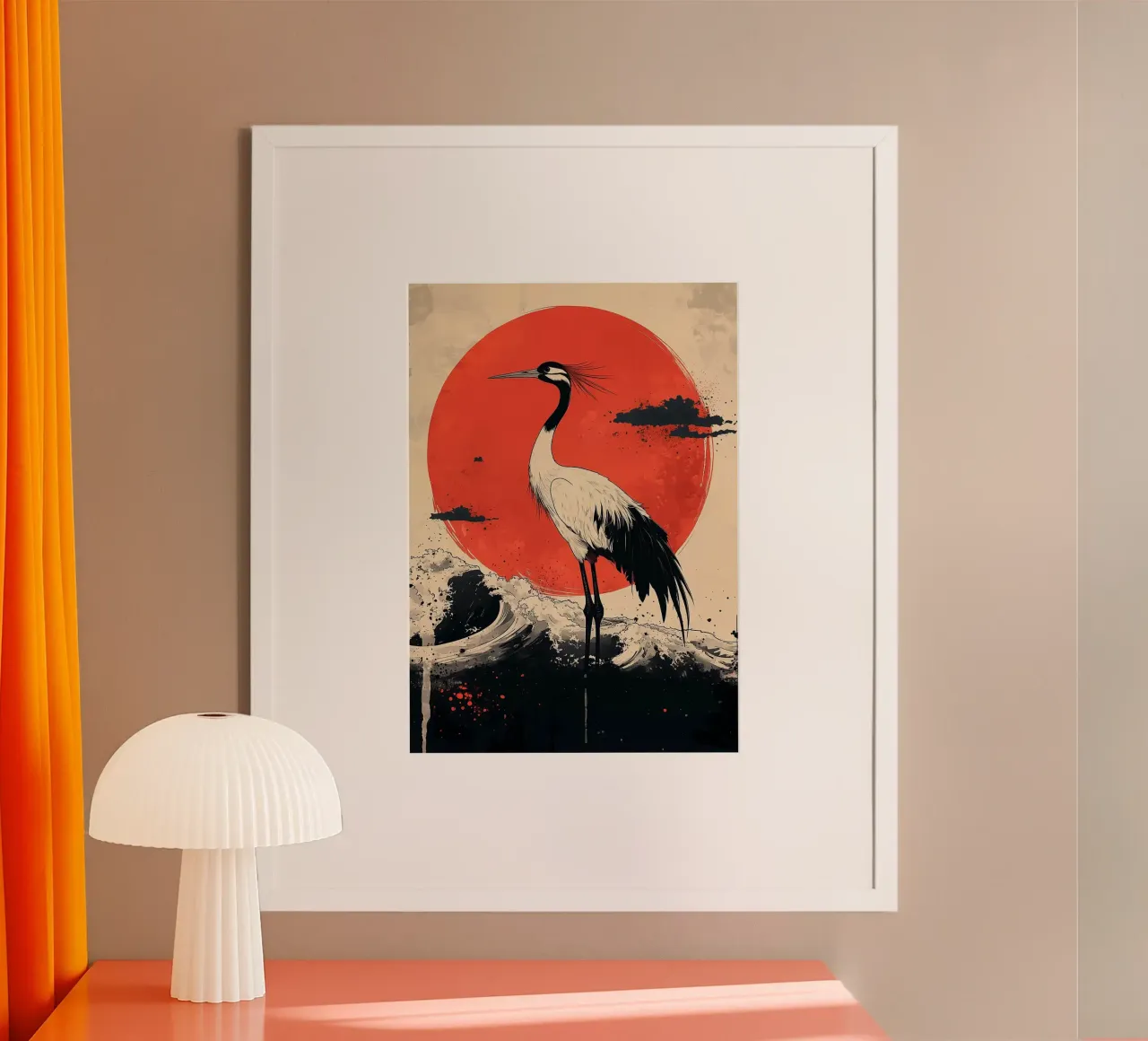 crane large red sun ocean waves splashing water clouds hahnemühle by Kirsten C Nolan