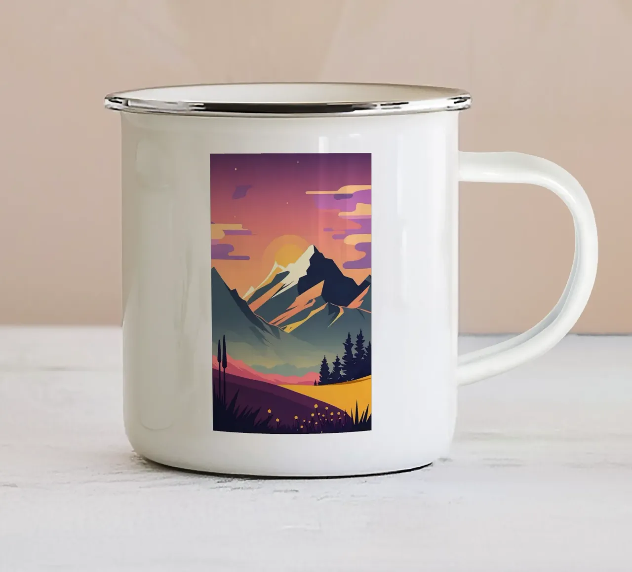 mountain sunset sunrise sky clouds snow enamel mug by Kirsten C Nolan