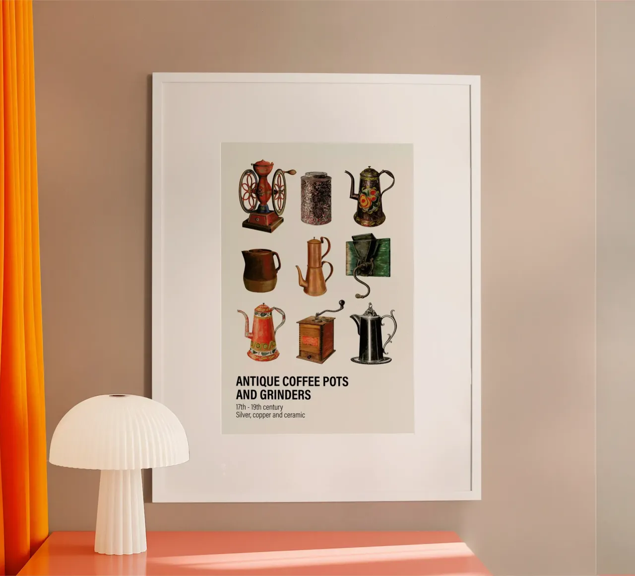 Antique Coffee Pots and Grinders poster con telaio in legno da Vintage by JUNIQE