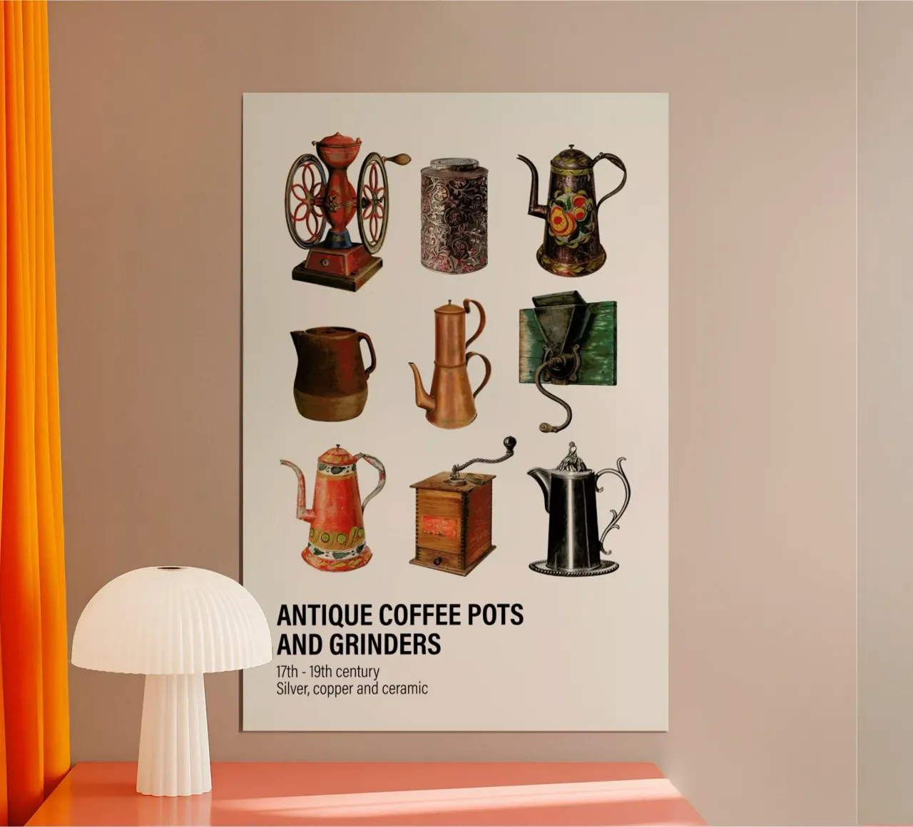 Antique Coffee Pots and Grinders poster con telaio in legno da Vintage by JUNIQE