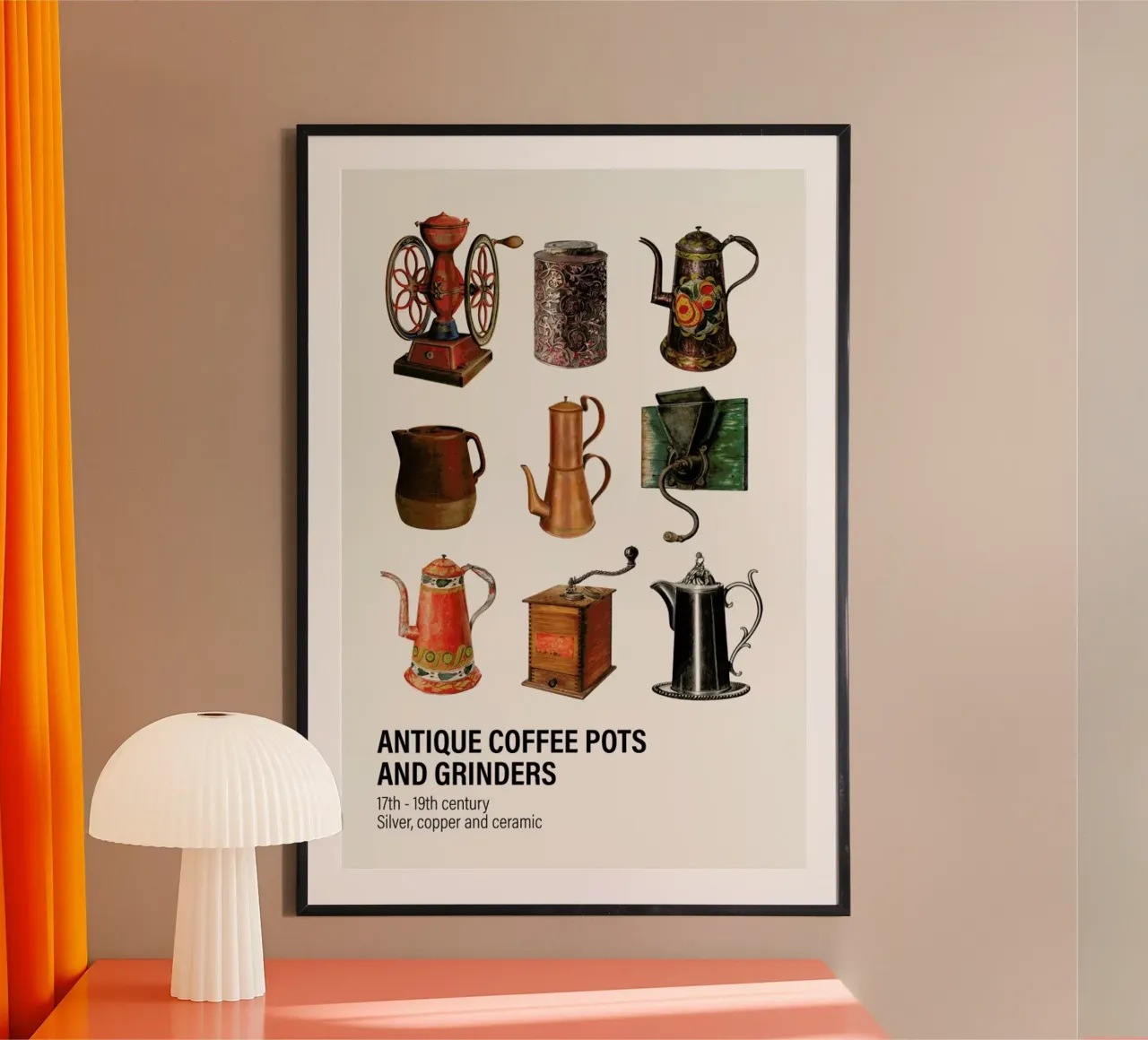 Antique Coffee Pots and Grinders poster con telaio in legno da Vintage by JUNIQE