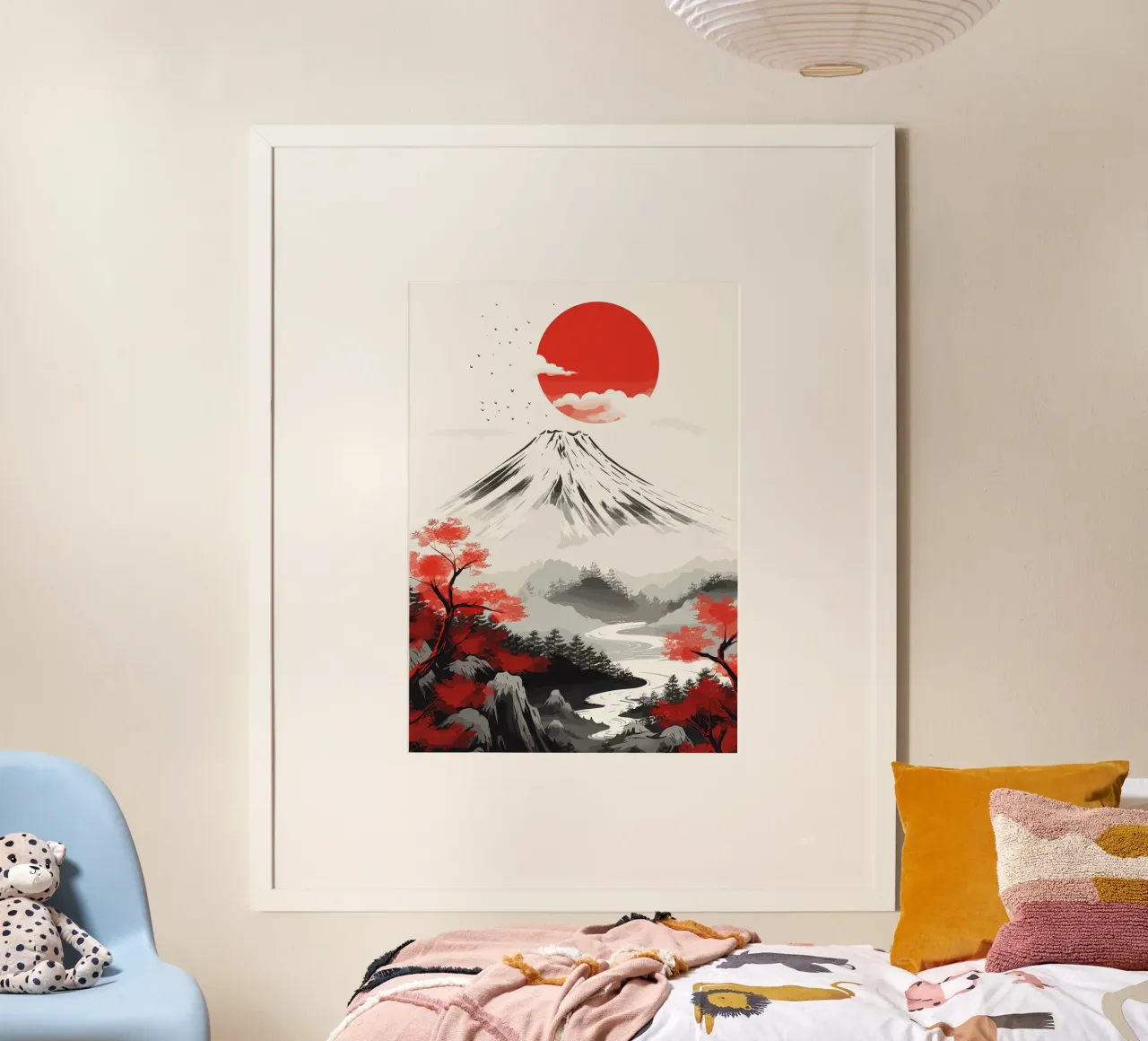 montagna sole uccelli alberi nuvole poster con telaio in alluminio da James Isaac Jackson