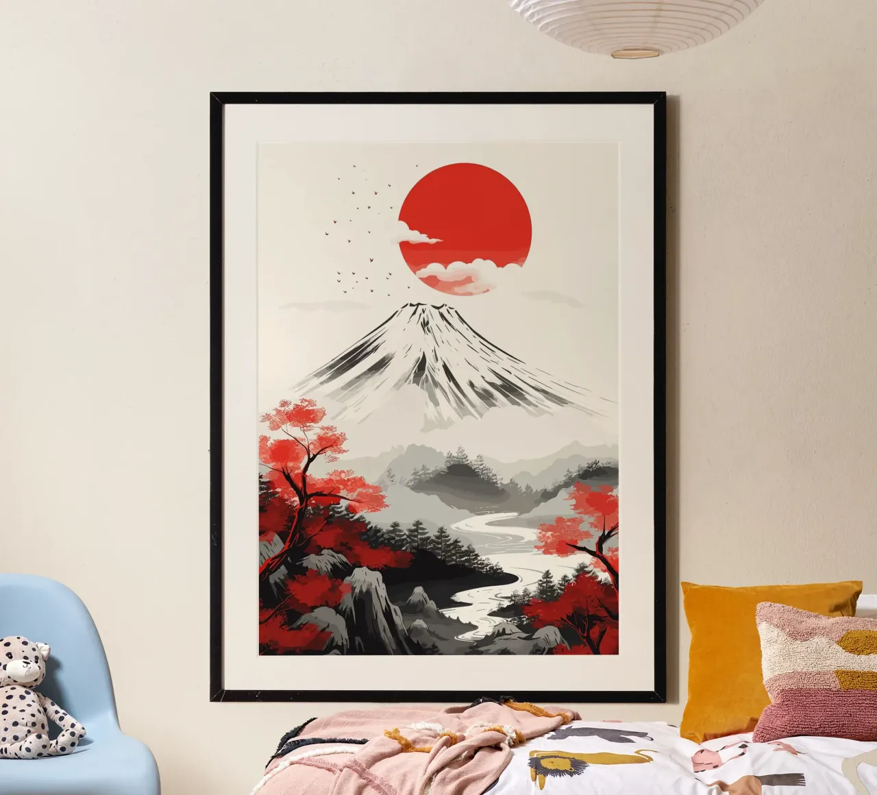 montagna sole uccelli alberi nuvole poster con telaio in alluminio da James Isaac Jackson