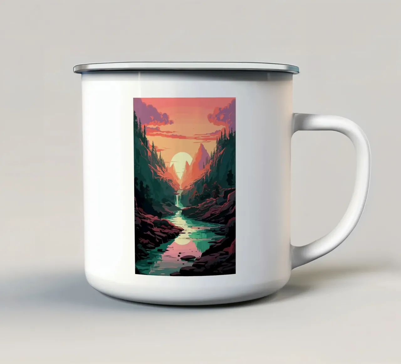 tramonto montagne fiume cascata foresta alberi tazza in smalto da James Isaac Jackson