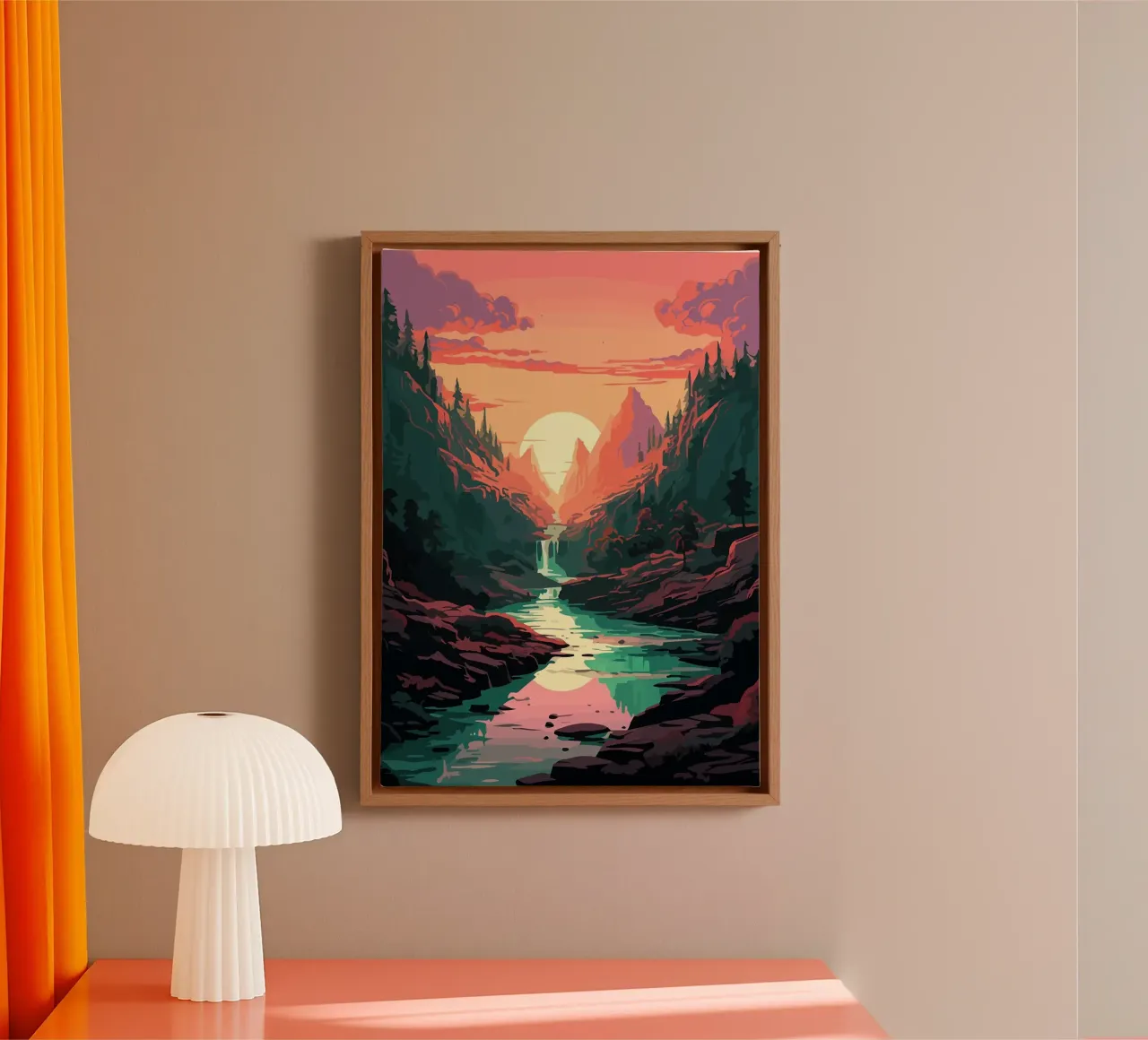 sunset mountains river waterfall forest trees canvas with Floater frame by James Isaac Jackson
