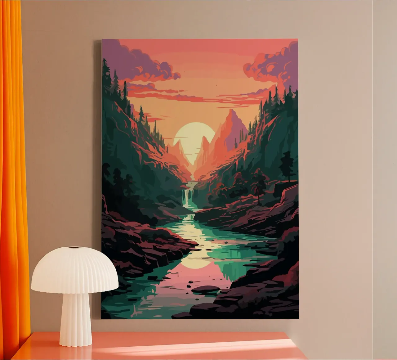 sunset mountains river waterfall forest trees canvas with Floater frame by James Isaac Jackson