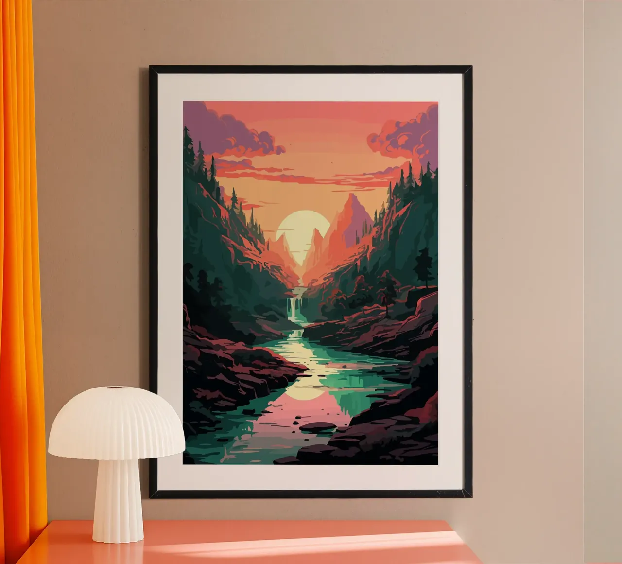 tramonto montagne fiume cascata foresta alberi poster con telaio in legno da James Isaac Jackson