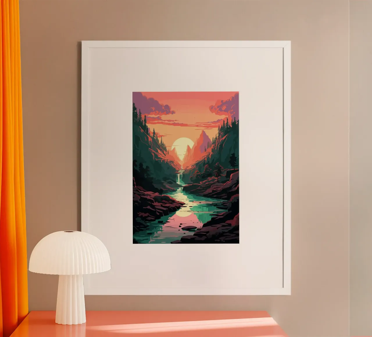 tramonto montagne fiume cascata foresta alberi poster con telaio in legno da James Isaac Jackson