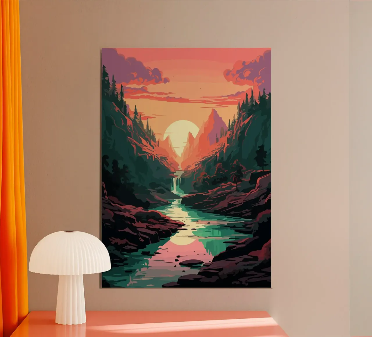 tramonto montagne fiume cascata foresta alberi poster con telaio in legno da James Isaac Jackson