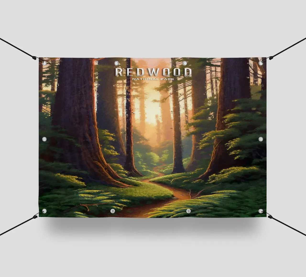 alberi di sequoia foresta sentiero luce solare verde telo in pvc da James Isaac Jackson
