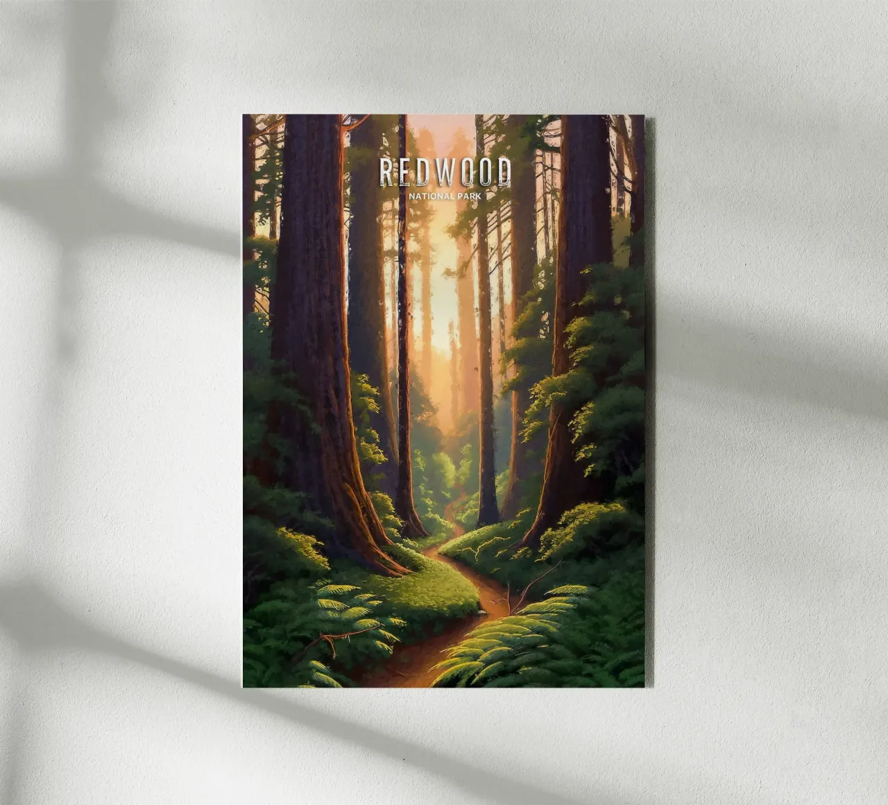 alberi di sequoia foresta sentiero luce solare verde alluminio dibond da James Isaac Jackson