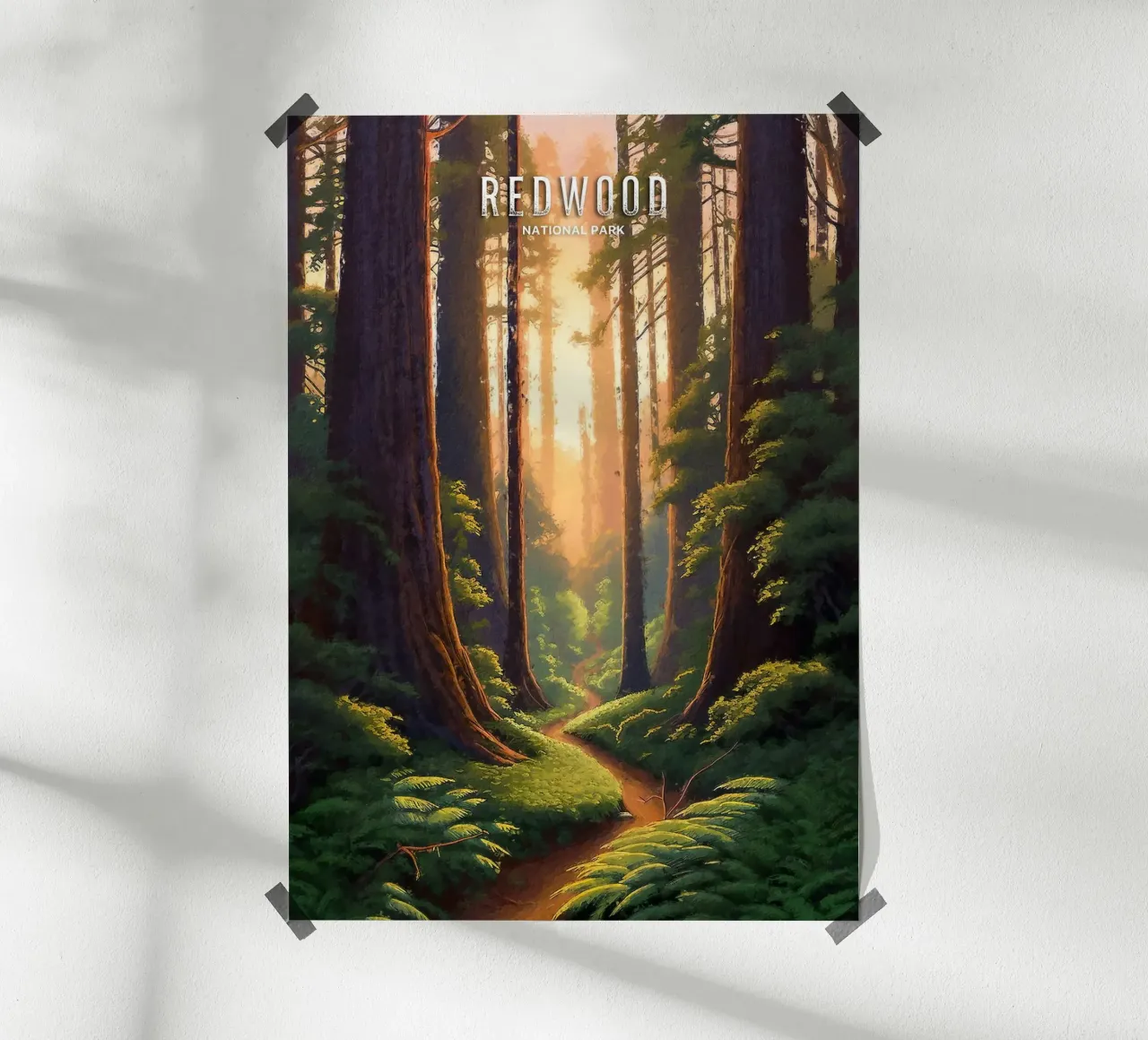 alberi di sequoia foresta sentiero luce solare verde carta hahnemühle da James Isaac Jackson
