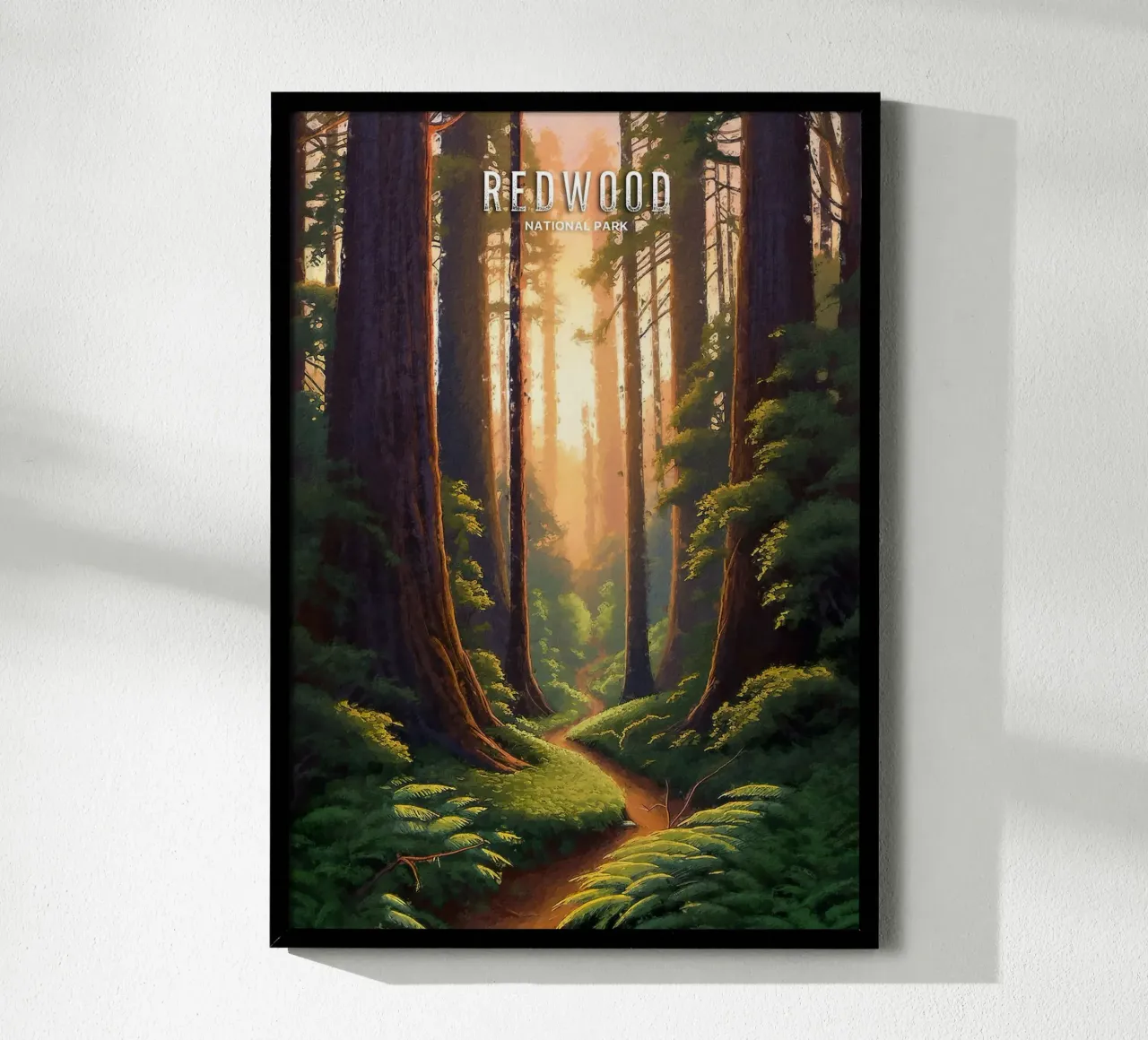 alberi di sequoia foresta sentiero luce solare verde carta hahnemühle da James Isaac Jackson