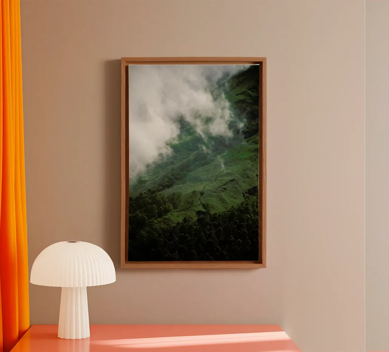 Hiking through Greens & Clouds canvas with Floater frame by Studio Nahili