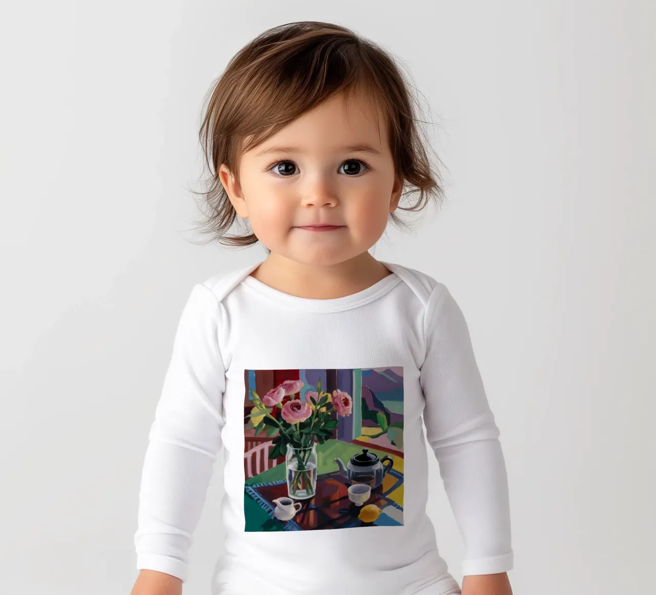Morning Tea Blossoms long-sleeve baby romper by Mystic Grain