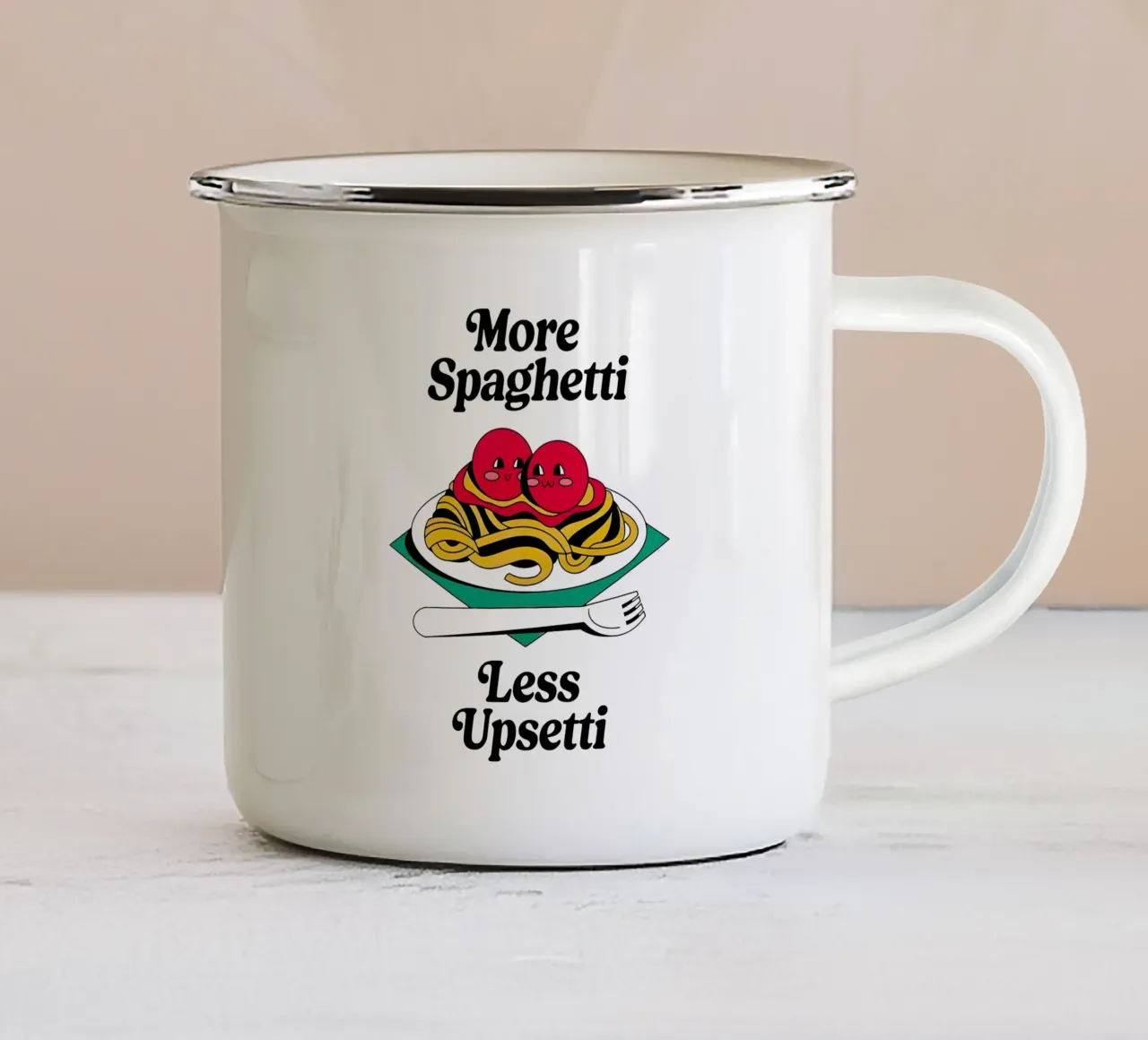 More Spaghetti, Less Upsetti tazza in smalto da Attaboy Dsgn