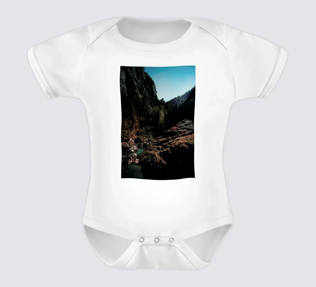 Mountain River short-sleeve baby romper by Sebastian Hilgetag