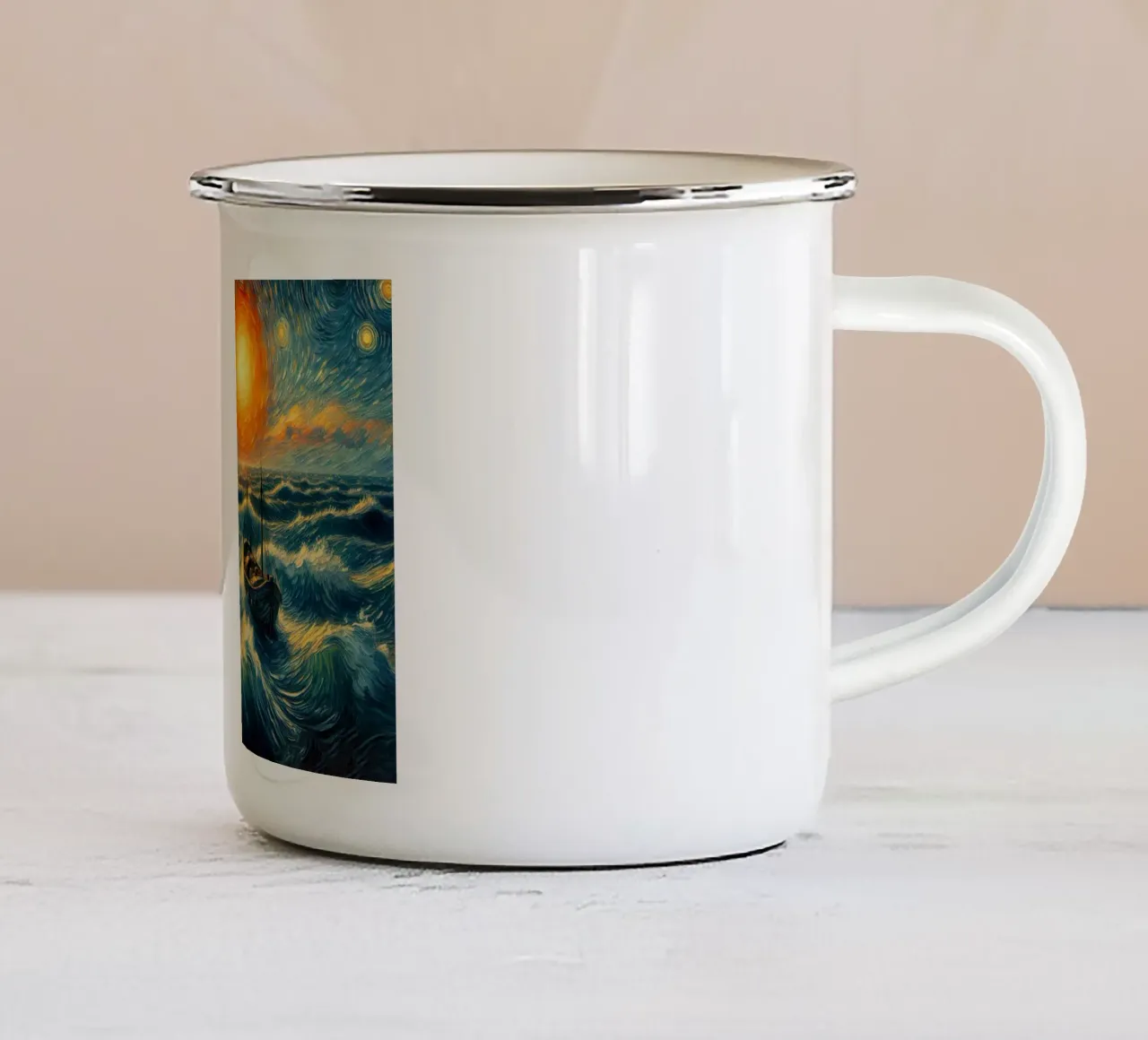 Puesta de sol en el mar taza de esmalte de Point and Art
