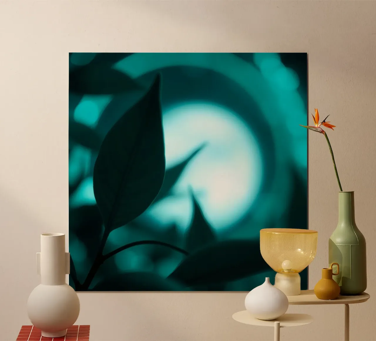 Il tocco della natura avvolto dalla luce blu poster con telaio in legno da DesignDoodle