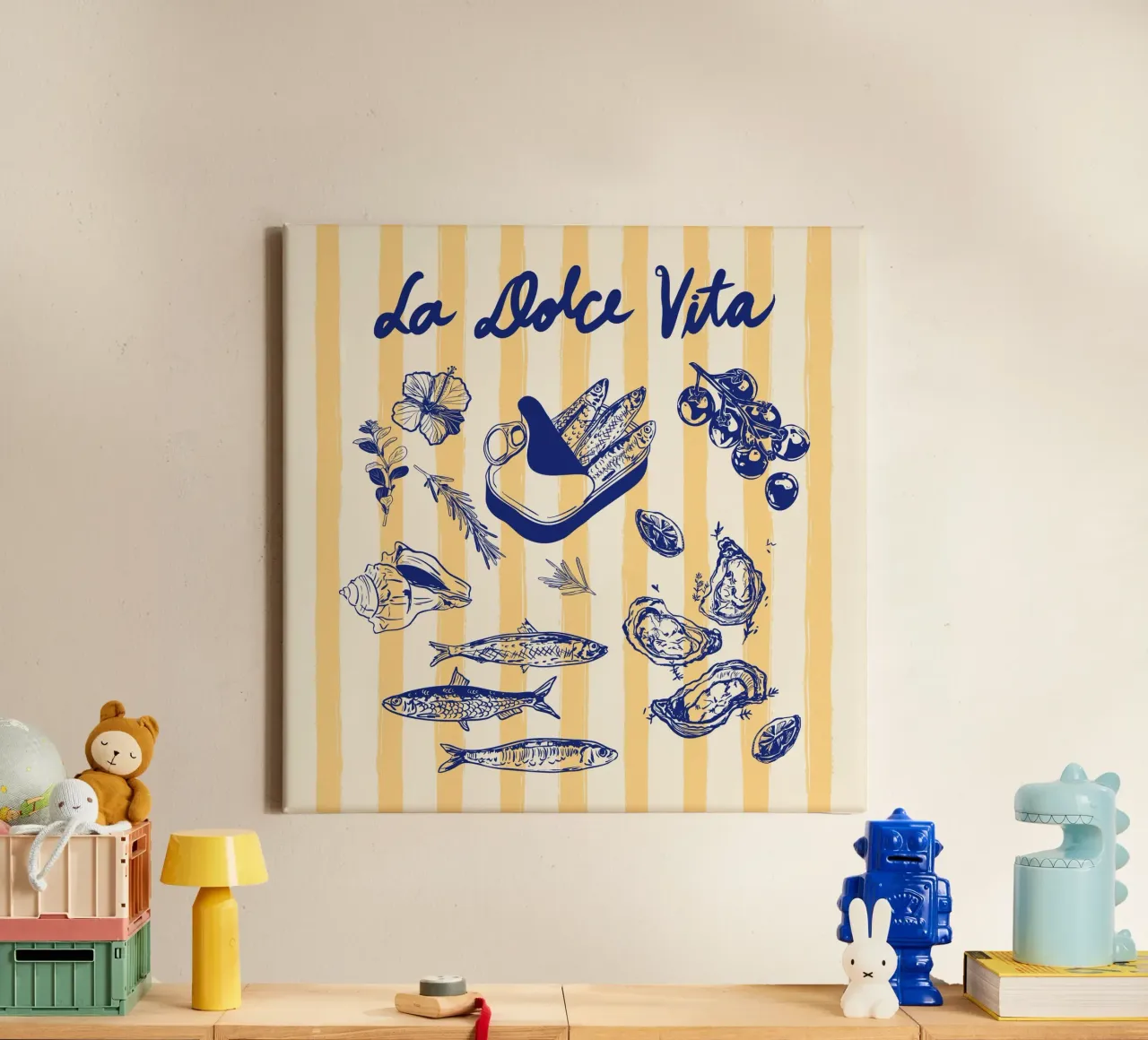 La Dolce Vita - Sardine e frutti di mare della costa d'epoca tela con Cornice a cassetta da EDMPROJECT